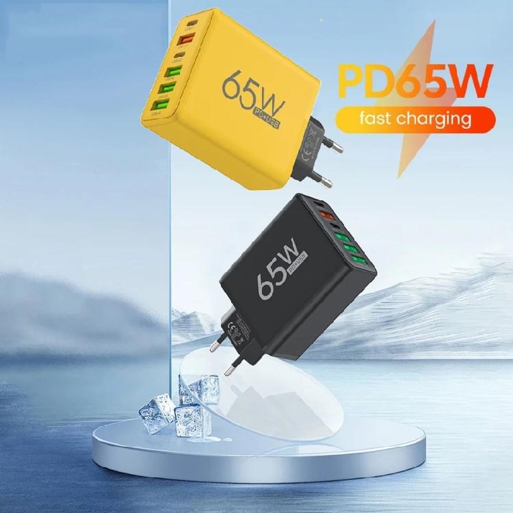 Double PD & 4 USB A Ports EU Plug Travel Plug Adapter 65W USB Wall Charger Rapid Charging Block for Phone Tablet