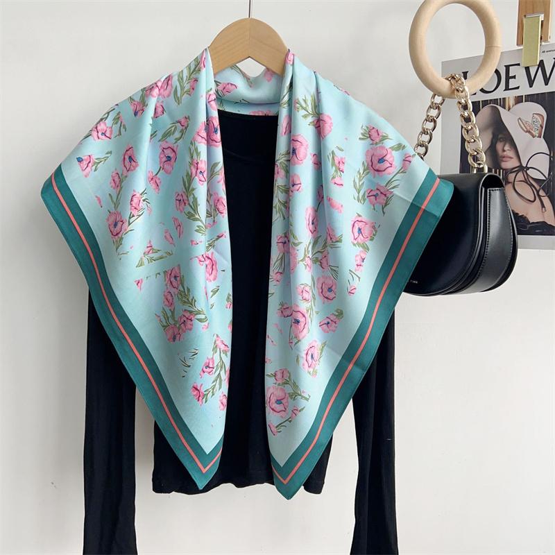 Spain Fashion Cross Plaid Floral Square Silk Scarf Women High Quality Print Soft Shawls and Wraps Bufandas Muslim Hijab 90*90Cm