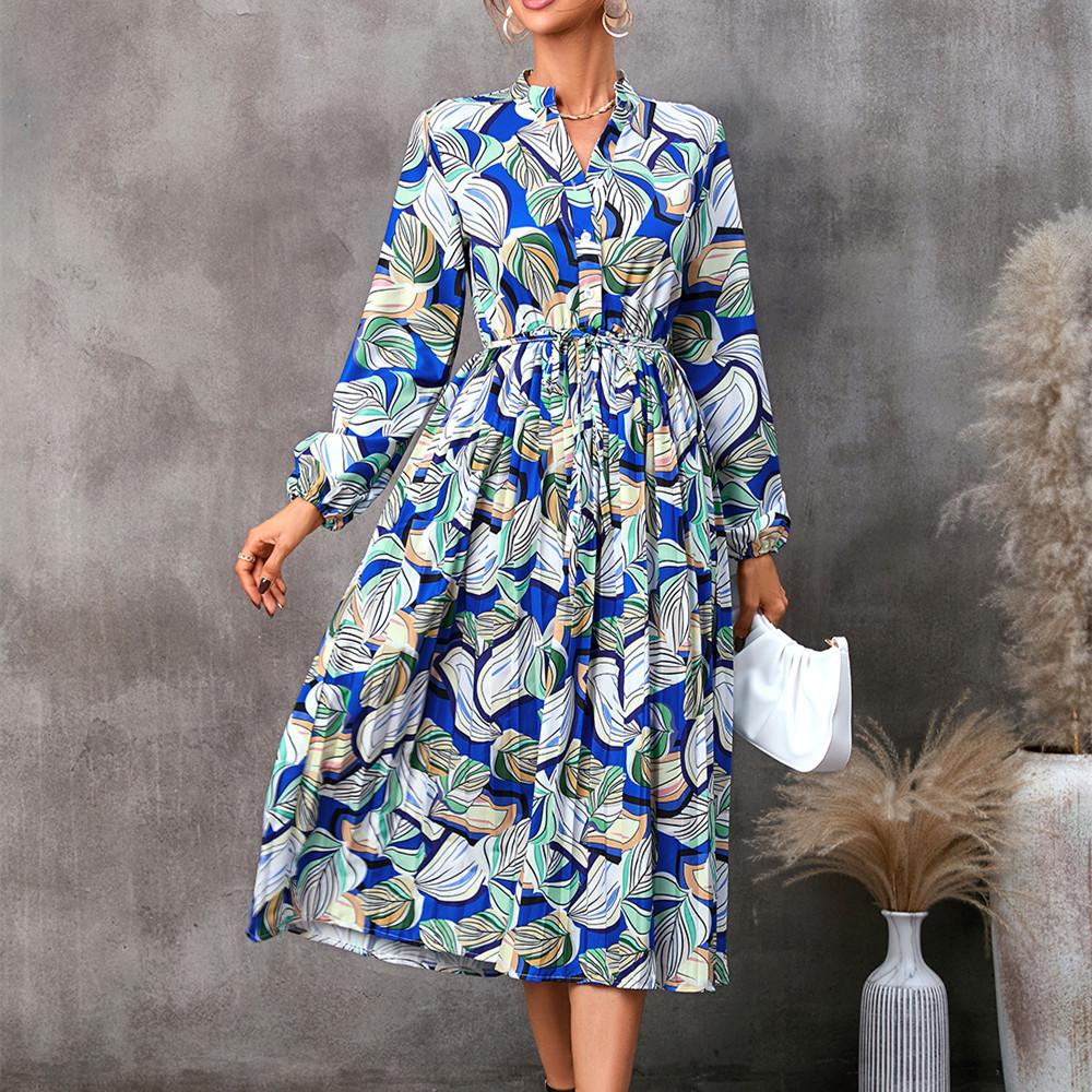 

QICED женские модные осенне-зимние повседневные платья с длинным рукавом и v-образным вырезом с цветочным принтом XXL синий