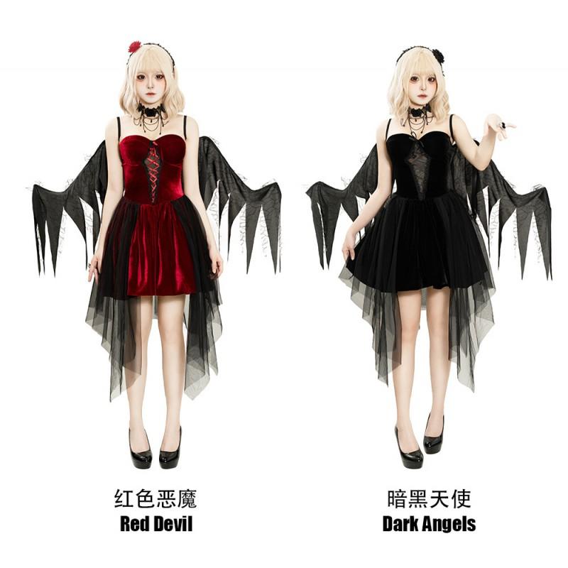 Womens Halloween Cosplay Dark Angel Red Demon Costume Dress With Wings Party Stage Performance