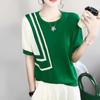 Women's Knitted T-shirt Ice Silk Short Sleeve Irregular Contrasting Stripes Round Neck Summer New Women's Design