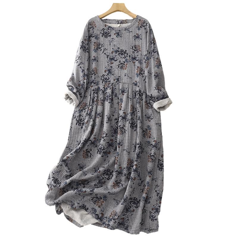 Xin Xing Cotton Linen Pastoral Print Dress: Soft, Gentle, Loose Fit for Spring and Autumn