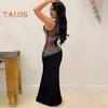 Lady Evening Dress Rhinestone Decor Mesh Patchwork Sleeveless Skinny Round Neck Wedding Party Maxi Dress for Prom Club Formal Banquet