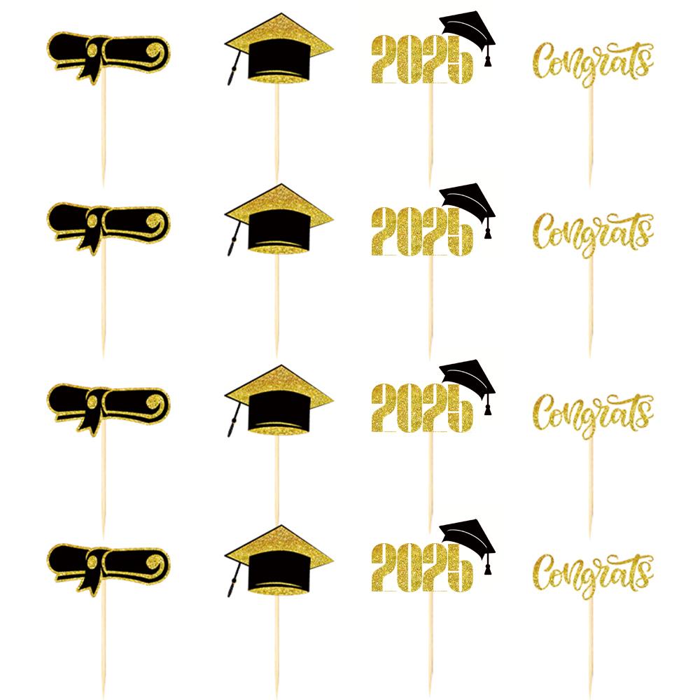 16pcs Glitter Graduation Cupcake Toppers Class of 2025 Congrats Grad Cap Diploma Cupcake Picks for Graduation Party Decorations