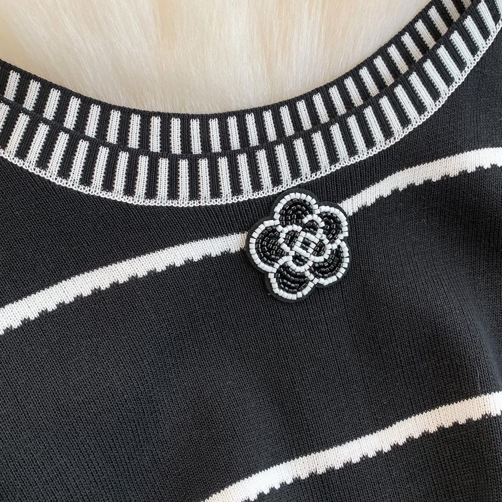 Spring Autumn Women Casual O-neck Beading Striped Knitted Sweater Long Midi Dresses