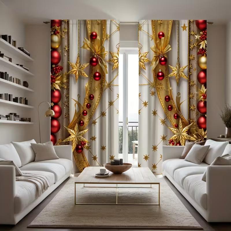 Set Of 2 Jit Golden Red Christmas Festive Curtain Decorative Privacy Polyester Holiday Home Decor Curtains Made