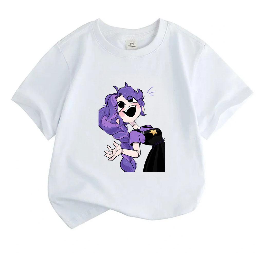 Kids Boys Girls 100% Cotton Short Sleeve Crew Neck T-Shirt, Cute Cartoon Purple Hair Robot Character Print Casual Soft Breathable Summer Tee for Child