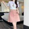 Korean Style Flowy Floral Denim Short Skirt With Zipper For Spring Summer Casual Wear