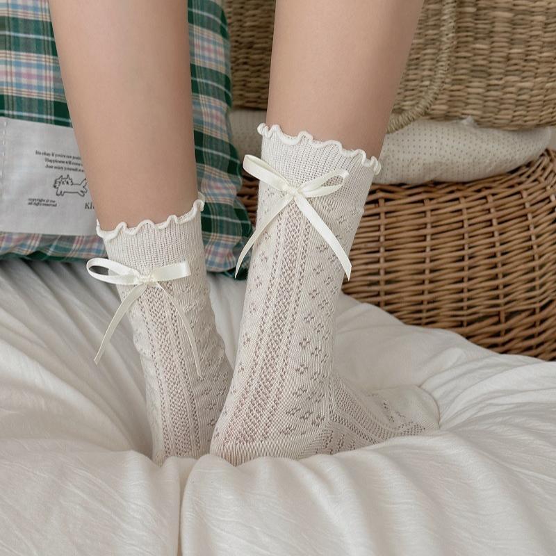 White Bow Lace Socks Summer Thin Wood Ear Edge Middle Tube Socks Korean Style Breathable Thin Socks with Leather Shoes