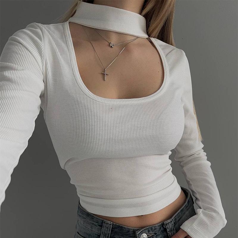 

2025 European Style Black & White U-neck Long-sleeve Slim-fit T-shirt Large білий
