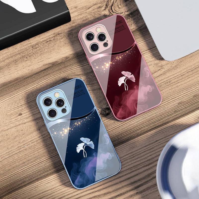 Lila Rauch Ginkgoblätter Für IPhone 16 Pro Max 15 Pro 14 13 12 Mini 11 XS M ax XR 7 8 Plu SE 2022 Gehärtetes Glas Handyhülle