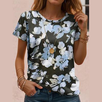 Women's Summer T-shirt Small Floral Print Short Sleeved T-shirt Casual Print Top