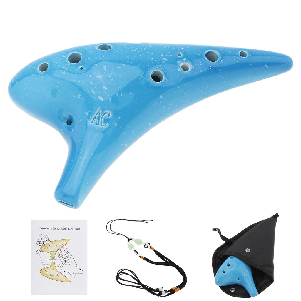 12 Holes Alto ToneC Ceramic Ocarina with Song Book Neck Cord Carry Bag, Good Gift Musical Instrument for Beginners
