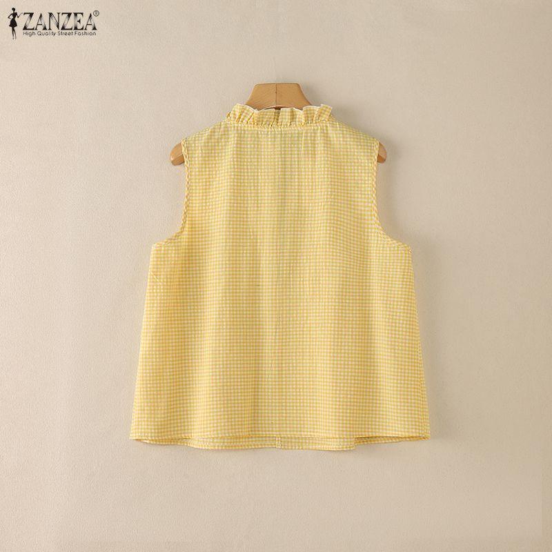ZANZEA Women Plaid Print Casual V-Neck Sleeveless Blouse