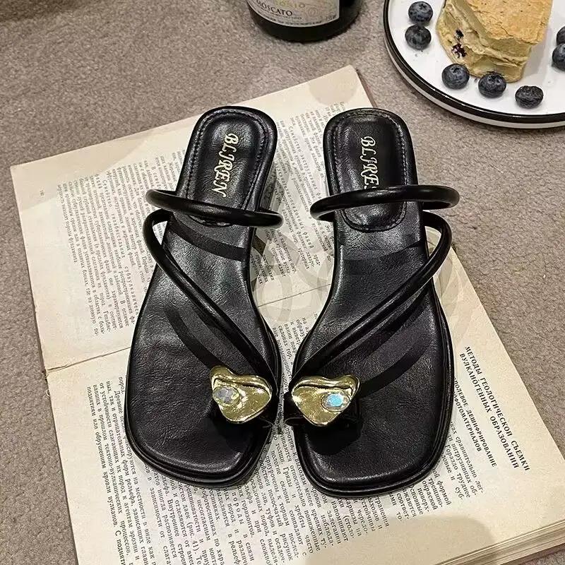 

Fashion Slides Medium Heel Black Shoes On Promotion Summer Footwear Chic Elegant Women s Slippers and Ladies Sandals 2025 Trend H Sandal 35