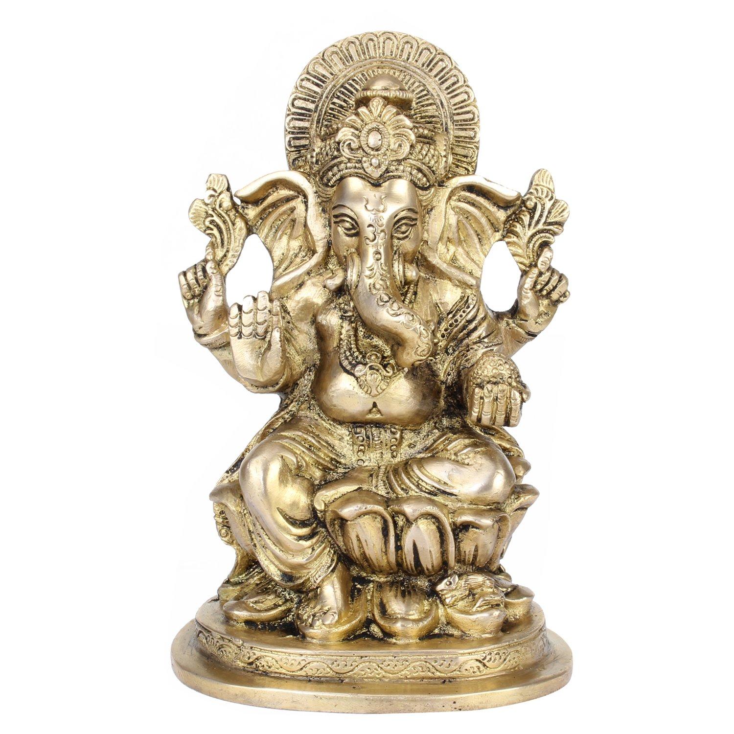 Pure Brass Ganesha Idol On Lotus Base, Antique Finish, Gold, Religious Idol