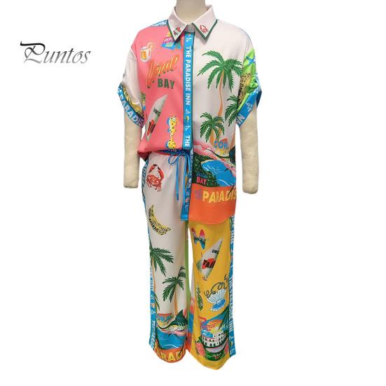 Conjunto de Blusa y Pantalones para Mujer 2 Piezas/Set Camisa Pantalones para Mujer Estilo Vacaciones Hawaii Estampado Colorido Manga Corta de un Solo Botón Ropa de Resort Solapa
