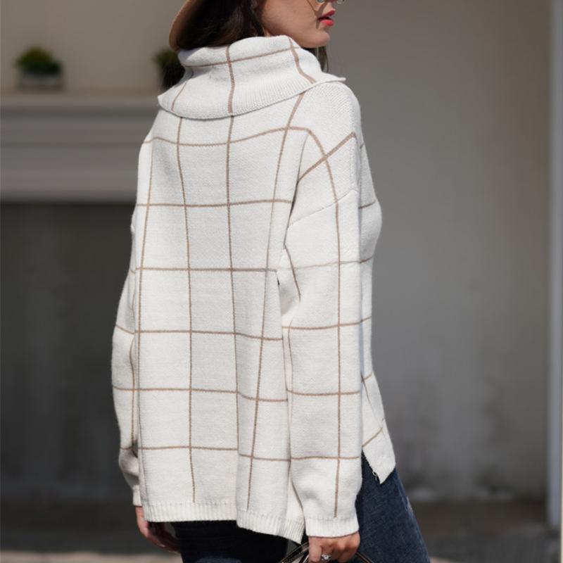 IHUASU Women's Autumn and Winter High Neck Pullover Loose Commuter Knit Sweater Plaid Fashion Jumper