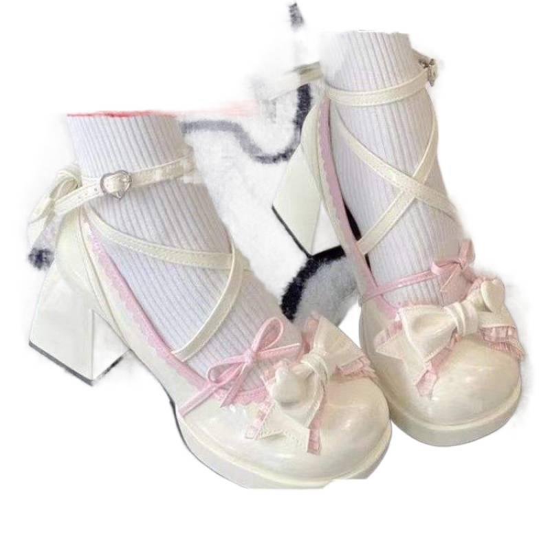 High Heels Lolita Thick Heel Thick Sole Waterproof Table Blue Japanese Soft Girl Sweet Cute Bow Shoes Women