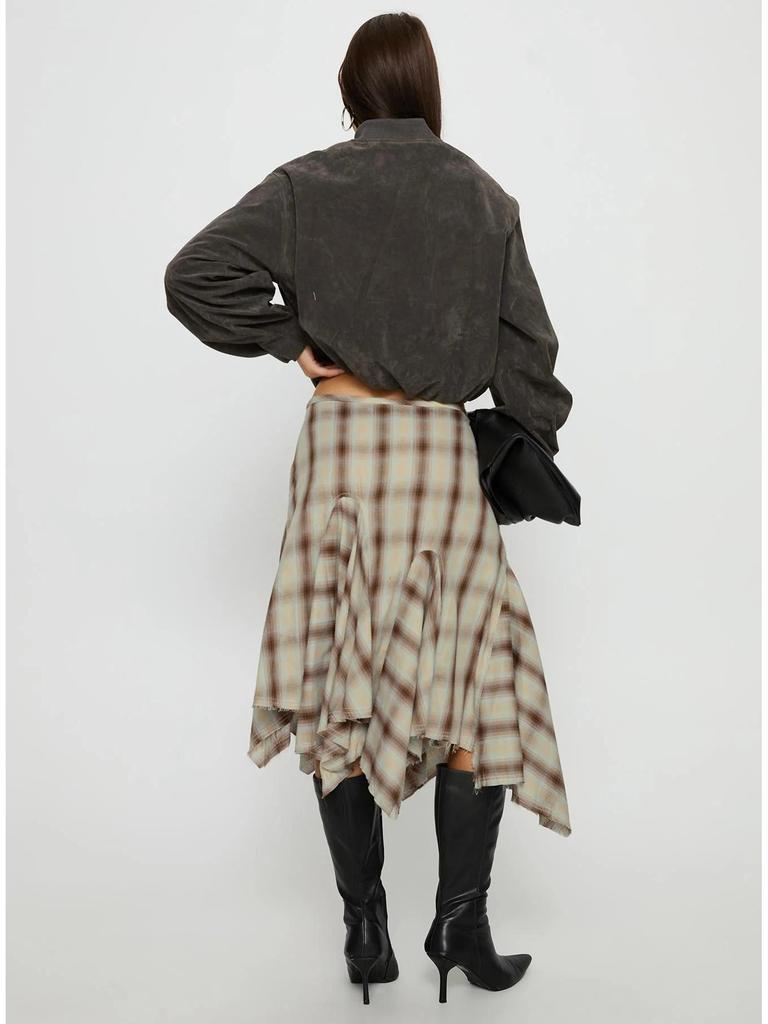 Plaid Patchwork High-Waisted Irregular Hem Midi Skirt