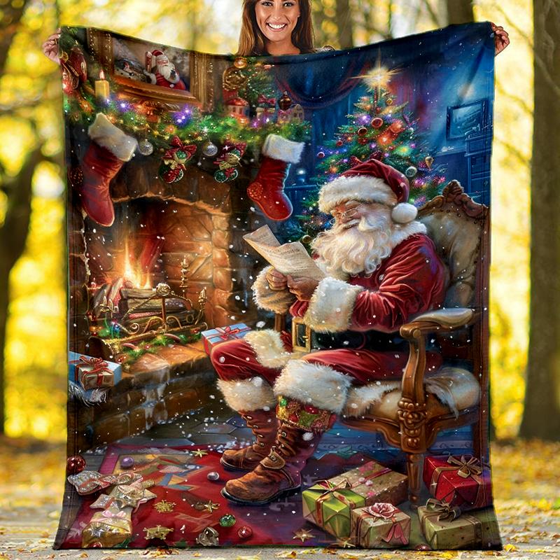 Christmas Santa Claus Theme Printed Blanket - Perfect for Couch, Bed, Travel & Outdoor Use | Machine Washable, Cozy & Durable.