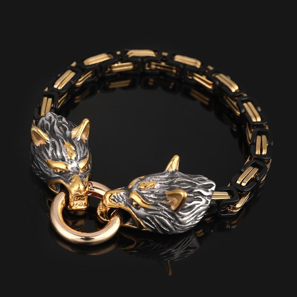 Norse Viking Celtic Wolf Head Bracelet Men Stainless Steel Odin Wolf Bangle Amulet Never Fade Gold Color King Chain Rock Jewelry