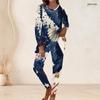 Women Plus Size Navy Blue Fireworks Printed Round Neck Long Sleeve Longline Top Fitted Pants Two Piece Set