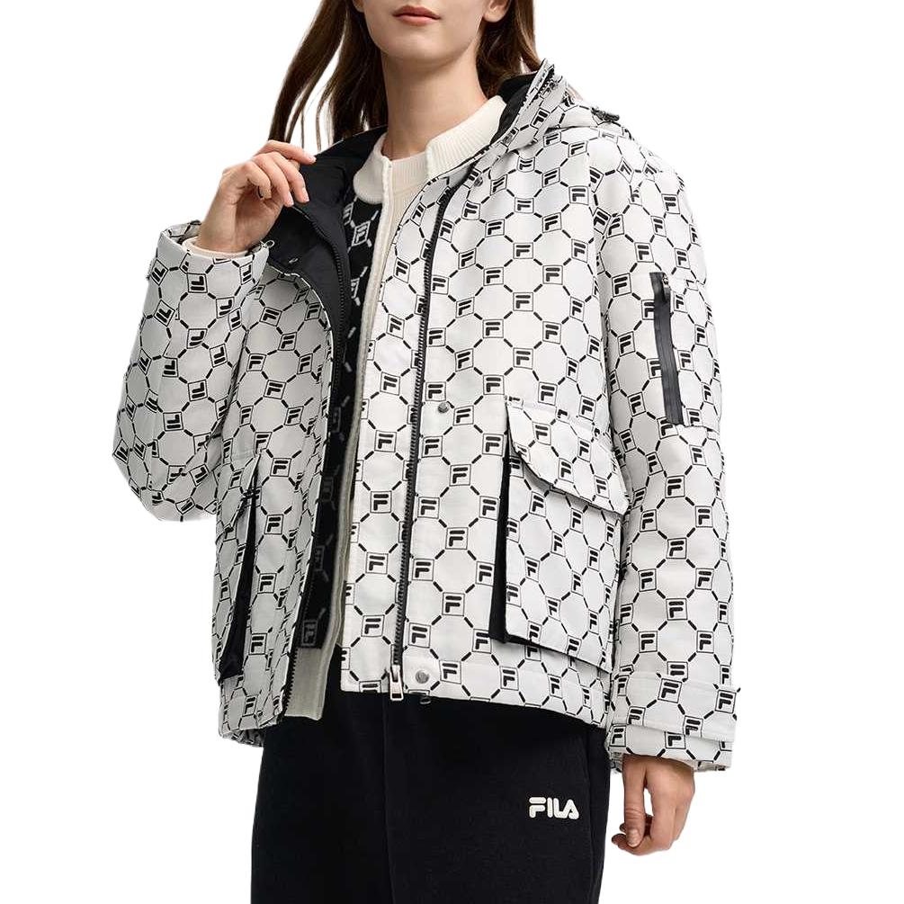 FILA SS25 All Over Logo Warm Hooded Jacket Women jackets Cloud-Mushroom-White F11W518901F-WT