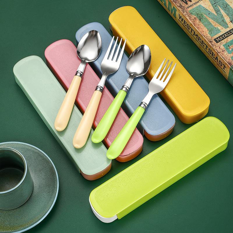 2Pcs/Set Portable Spoon Fork Combination Travel Tableware Set Stainless Steel Dinnerware With Box For Kid School Cutlery