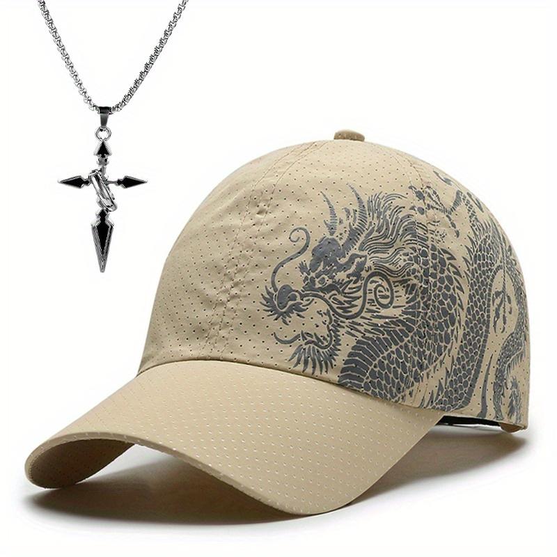 2pcs Men's Baseball Hat Necklace Set Fashion Dragon Print Quick Dry Mesh Sun Shade Sun Hat Cross Pendant Necklace