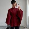 Manteau Cape Élégant pour Femme en Laine Mélangée à Col Montant Ceinture à Nouer Garniture en Fourrure de Lapin Vêtement d'Hiver