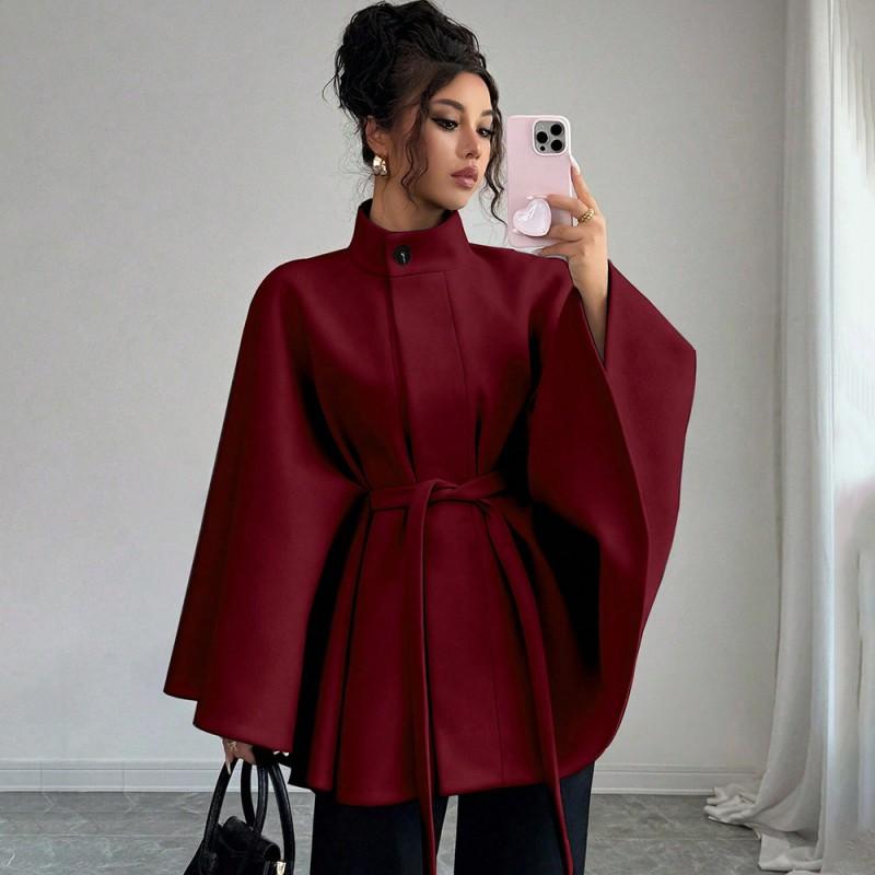 Manteau Cape Élégant pour Femme en Laine Mélangée à Col Montant Ceinture à Nouer Garniture en Fourrure de Lapin Vêtement d'Hiver