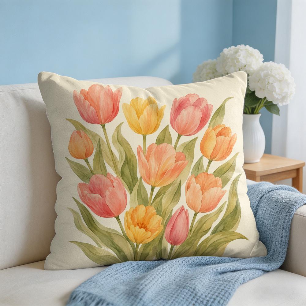 Cushion Cover Tulip Flower Short Plush Soft DoubleSided Printing Pillow Case Cozy Sofa Bedroom Home Decor Gift