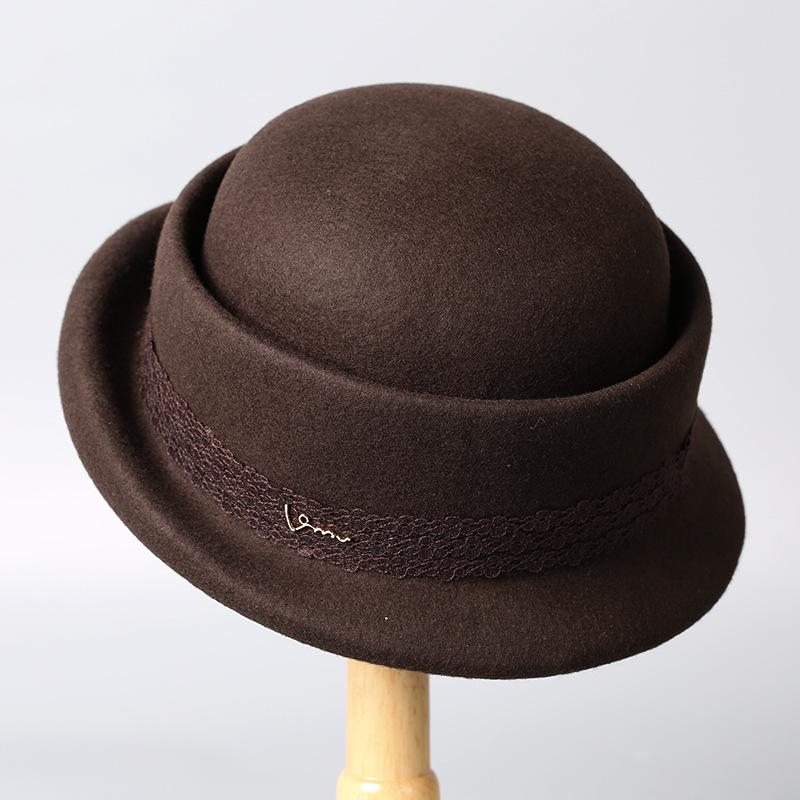 New autumn and winter lace wool basin hat women's French Hepburn style golden top hat bow bucket hat