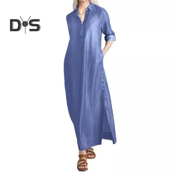 

Женское джинсовое платье макси, повседневное платье с рукавами-подворотами и карманами, длинное платье больших размеров с пуговицами на лацканах и V-образным вырезом S светло-синий