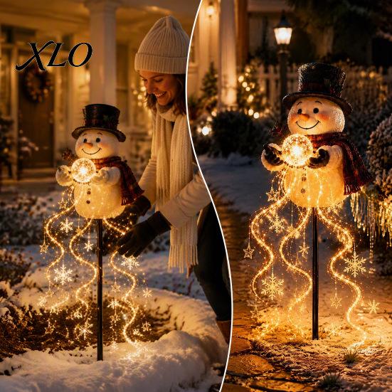 Outdoor Solar Christmas Decorations Snowman Garden Light with Flowing Snowflakes, LED Waterfall Powered Holiday Yard Decor Lighting Star, Weatherproof