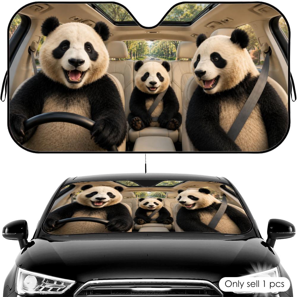 Cute Panda Road Trip Sun Visor Car Front Windshield Shade UV Block Heat Shield Foldable Universal Fit Cover