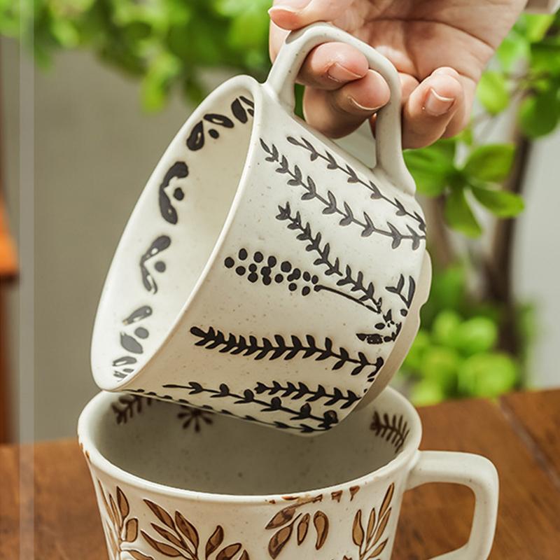 1PC Stoneware Mugs Vintage With Handles Office Coarse Pottery Cafe Plant Carving Nordic Ceramic Coffee Mug Fruit Tea Household