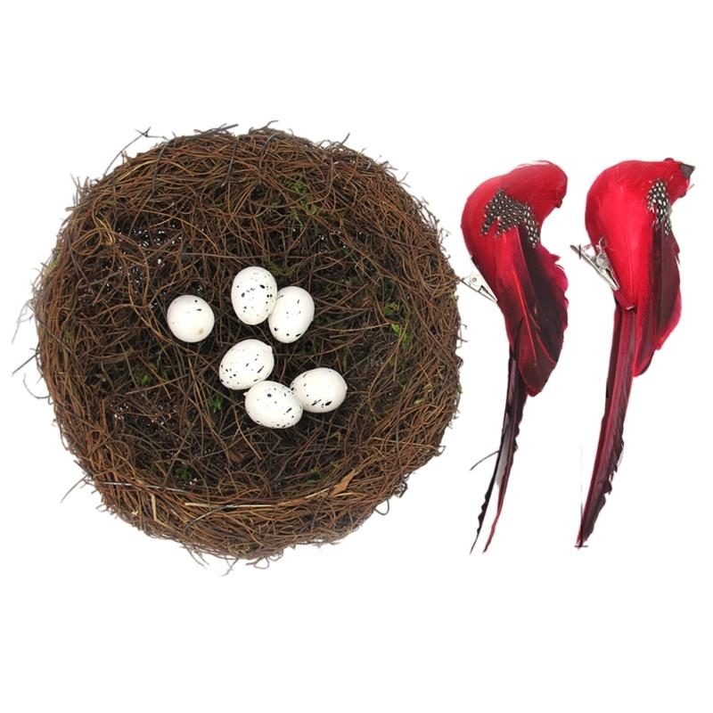 Realistic Artificial Woven Bird Nest Basket With Foam Chick Figure And Eggs Indoor Outdoor Easter Celebration Decoration