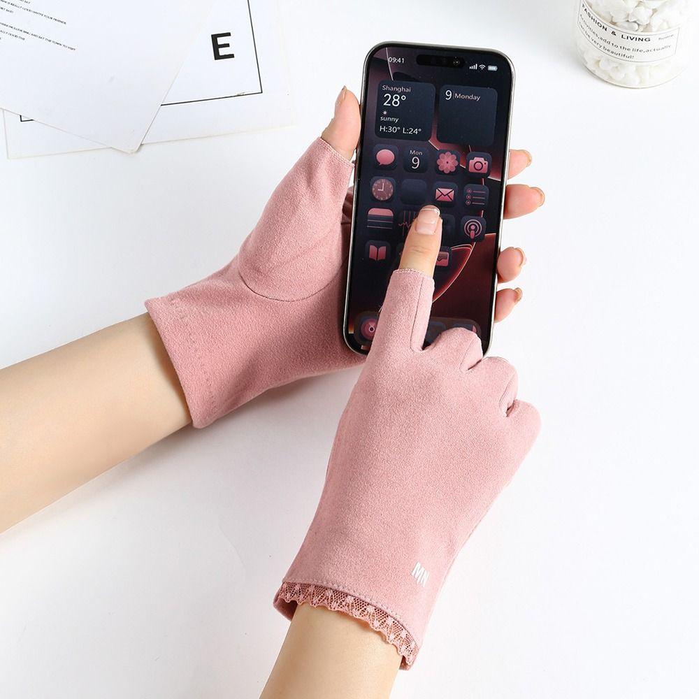 New Solid Color Half Finger Gloves Velvet Fleece Thin Style Fingerless Gloves Breathable Touchscreen Gloves Autumn Winter