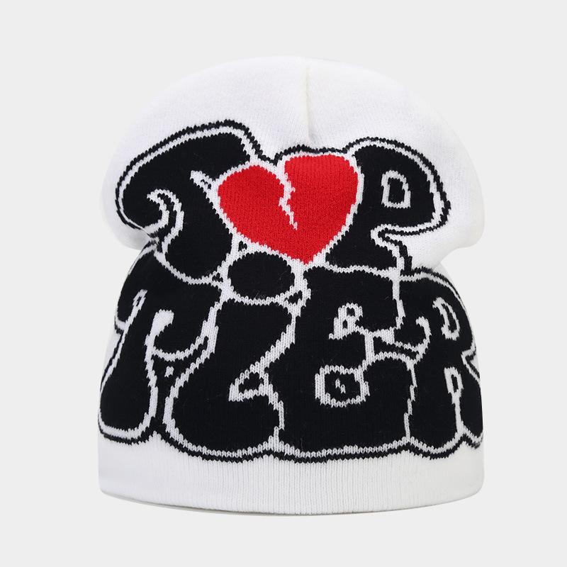 Y2K Style Knit Hat With Heart & Alphabet Pattern, Casual Skull Cap, Sport Cap For Riding & Skiing, Couple Hat, Festive Gift