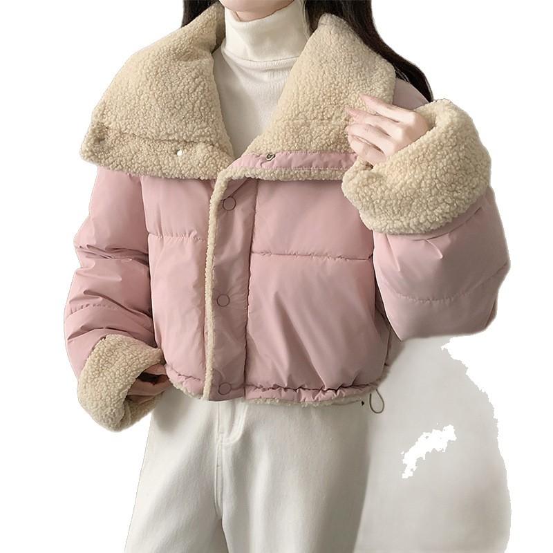 Women's Short Sherpa Jacket Stand Collar Snap Button Front Solid Color Fuzzy Fleece Winter Coat