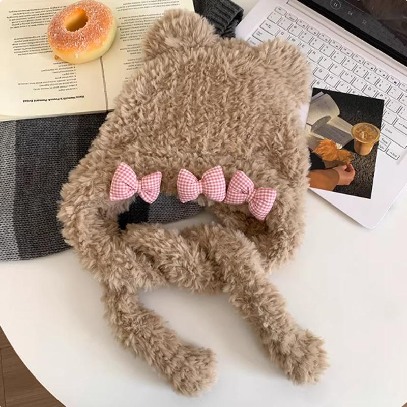 Cute Bear Ears Bow Plush Hat Female Autumn and Winter Sweet Girl Thickened Warm Ear Protector Lei Feng Hat