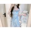 Light Blue Dress Women's Casual Summer New Romantic Vacation Style Atmosphere Square Neck Ruffle Edge Sleeveless Long Dress