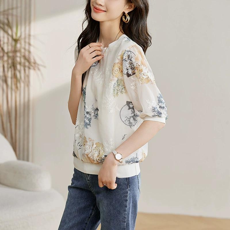 Women's Embroidery Loose Thin Chiffon T-Shirt Elegant Temperament Middle Sleeve Top
