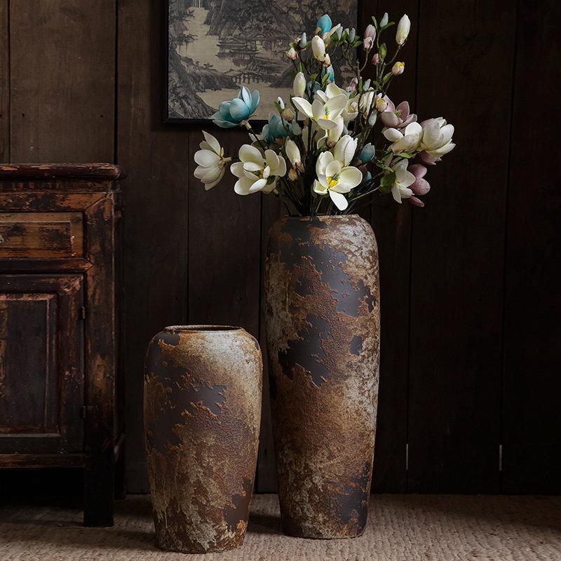 Wabi-Sabi Retro Keramik Bodenvase - Zen Gealterter Terrakotta Topf für Trockenblumen, Rustikales Haus Wohnzimmer Dekor