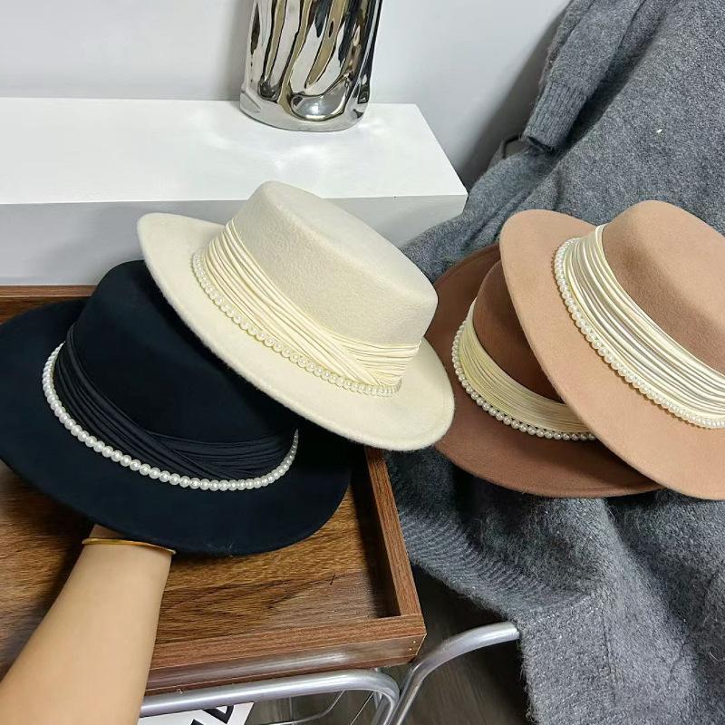 Autumn and Winter New Australian Wool High-quality Hat Pearlescent Yarn Pleated Top Hat French Retro Flat Top Hat