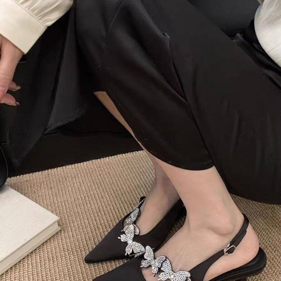 2025 Summer New Chinese Pointed Rhinestone Bag Head Sandals Women's Butterfly Satin High Heels Thin Heel One-word Strap Single Shoes