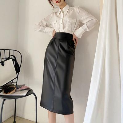 Elegante Gonna in Pelle Spaccata a Vita Alta per l'Abbigliamento Stagionale da Donna