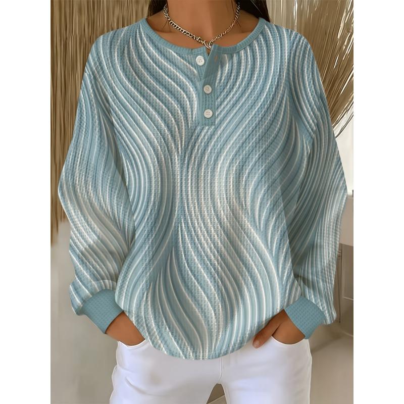 Barcode Waffle Sweatshirt, Retro Blue And White Water Wave Swirl Texture, Individual Age-Reducing Button Long Sleeve Sweatshirt